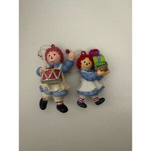 2 Vintage Raggedy Ann Doll Christmas Tree Ornaments, Drums And Present, Adorable